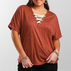 BKE Destructed Top Lace Up Neckline Distressed Tee The Buckle